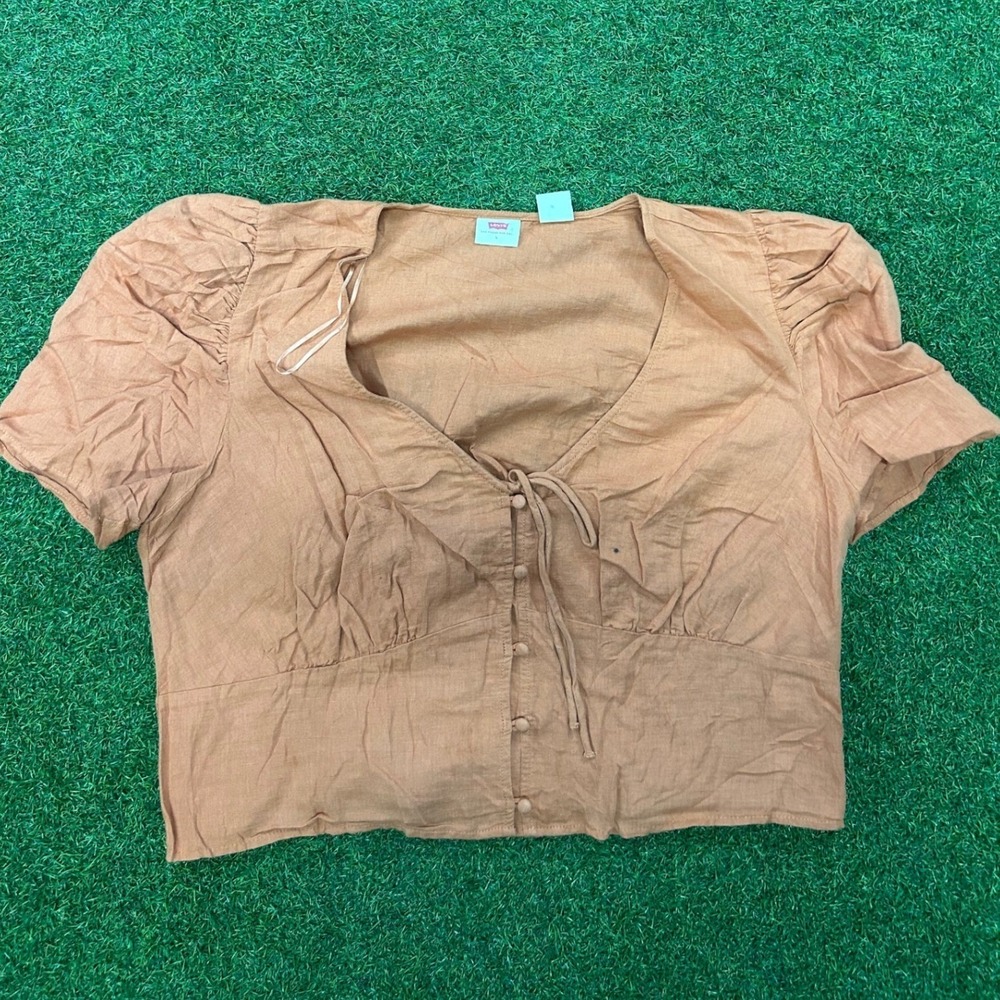 Levis Womens Terracotta Orange Puff Sleeve Tie Front V-Neck Cropped Blouse Large